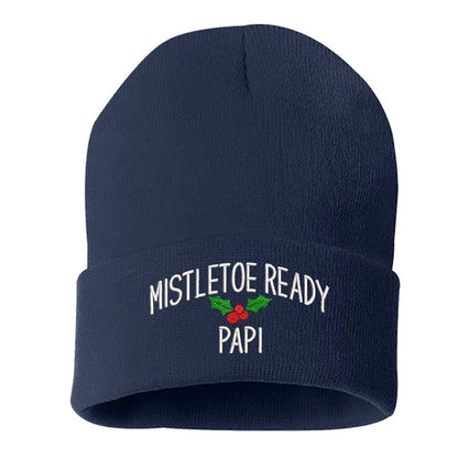 A cozy knit Royal Blue beanie embroidered with &quot;Mistletoe Ready, Papi,&quot; perfect for flirty Spanglish holiday vibes and festive winter outfits - DSY Lifestyle