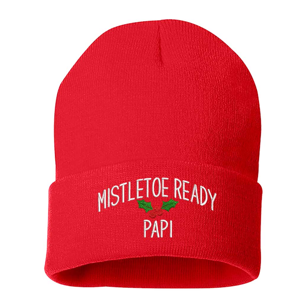 A cozy knit Red beanie embroidered with &quot;Mistletoe Ready, Papi,&quot; perfect for flirty Spanglish holiday vibes and festive winter outfits - DSY Lifestyle