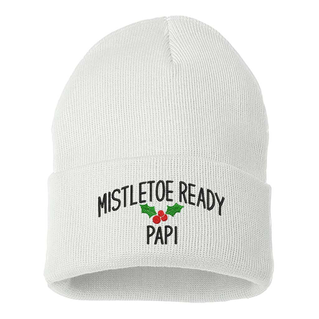 A cozy knit White beanie embroidered with &quot;Mistletoe Ready, Papi,&quot; perfect for flirty Spanglish holiday vibes and festive winter outfits - DSY Lifestyle