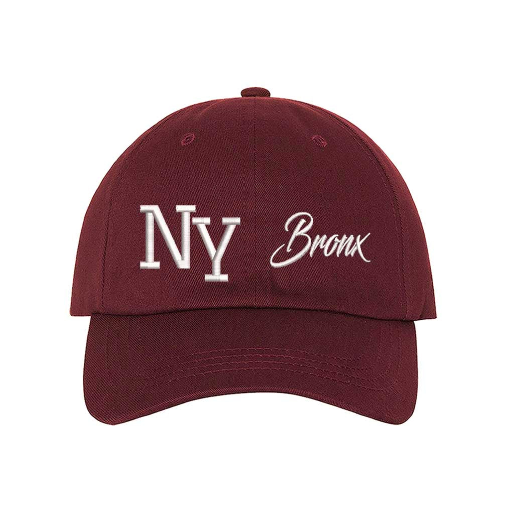 Burgundy NY 3D Bronx Embroidered Baseball Cap with raised embroidery, a curved brim, and an adjustable strap, celebrating New York’s iconic borough in style - DSY Lifestyle