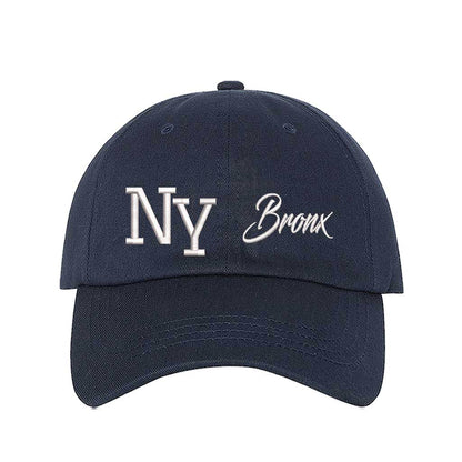 Navy Blue NY 3D Bronx Embroidered Baseball Cap with raised embroidery, a curved brim, and an adjustable strap, celebrating New York’s iconic borough in style - DSY Lifestyle