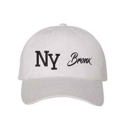 White NY 3D Bronx Embroidered Baseball Cap with raised embroidery, a curved brim, and an adjustable strap, celebrating New York’s iconic borough in style - DSY Lifestyle