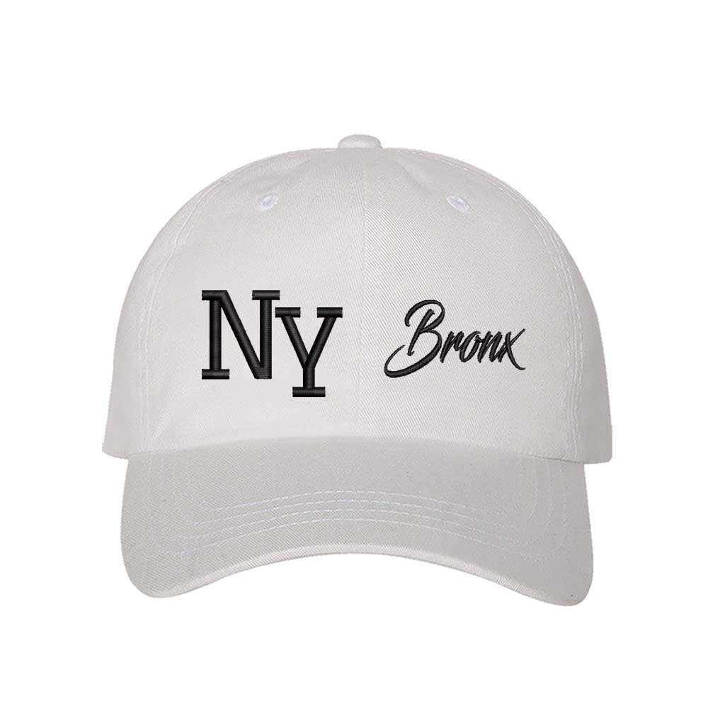 White NY 3D Bronx Embroidered Baseball Cap with raised embroidery, a curved brim, and an adjustable strap, celebrating New York’s iconic borough in style - DSY Lifestyle