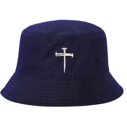 Navy blue bucket hat embroidered wiht a cross made of nails on it- DSY Lifestyle