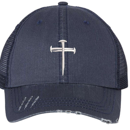 Navy blue distressed trucker hat embroidered with a cross of nails on it-DSY Lifestyle