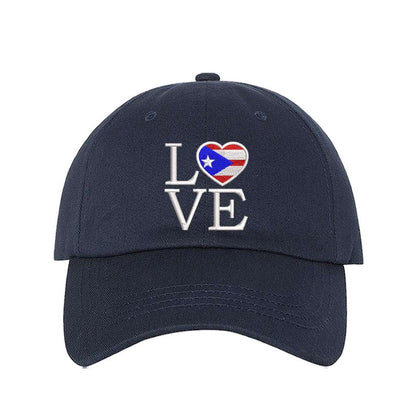 Navy blue baseball hat embroidered with the word love with the o being in the hsape of a heart with the puerto rico flag-DSY Lifestyle