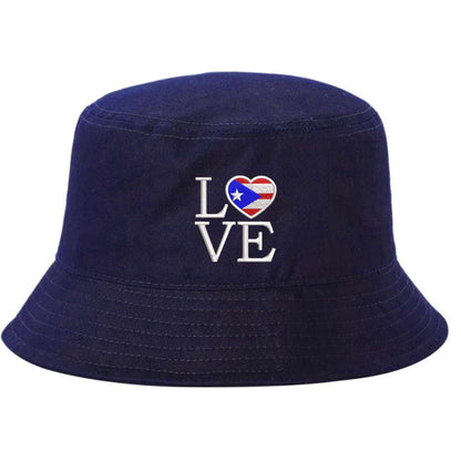 Navy blue bucket hat embroidered with the word love with the o in love in the shape of a heart with the puerto rican flag in it-DSY Lifestyle