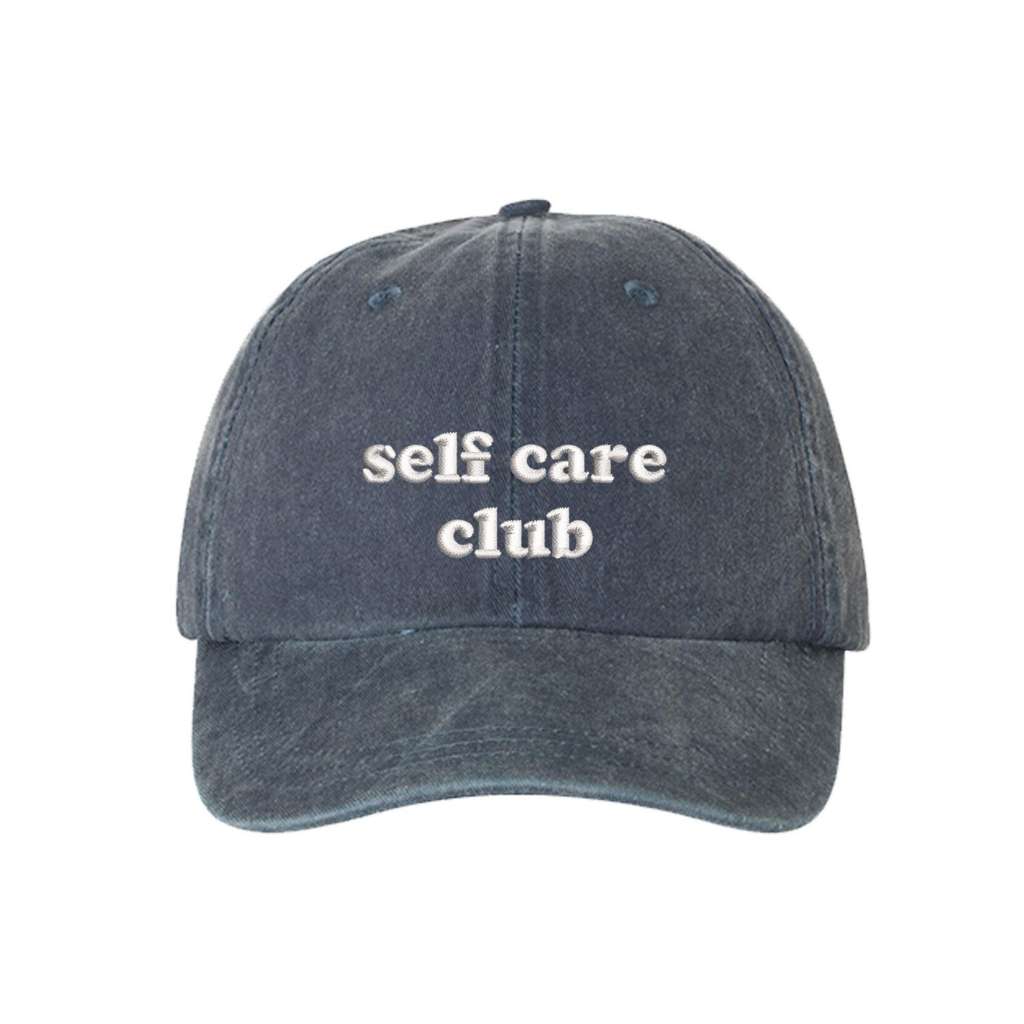 navy washed baseball hat with self care embroidered - DSY Lifestyle