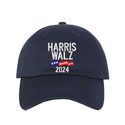 Navy baseball hat embroidered with the phrase harris walz-DSY Lifestyle