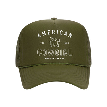 Olive foam trucker hat embroidered with the phrase american cowgirl on it- DSY Lifestyle