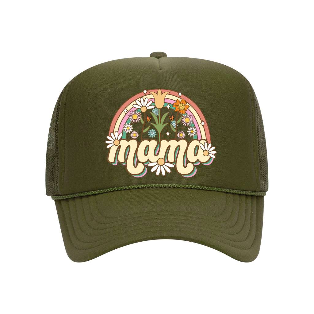 Olive foam trucker hat embroidered with mama spring on it-DSY Lifestyle