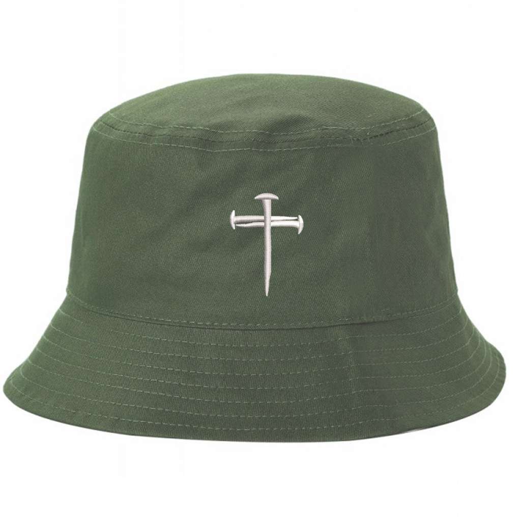 Olive bucket hat embroidered wiht a cross made of nails on it- DSY Lifestyle