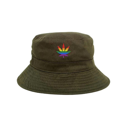 Olive bucket hat embroidered with pride flag in shape of weed leaf-DSY Lifestyle