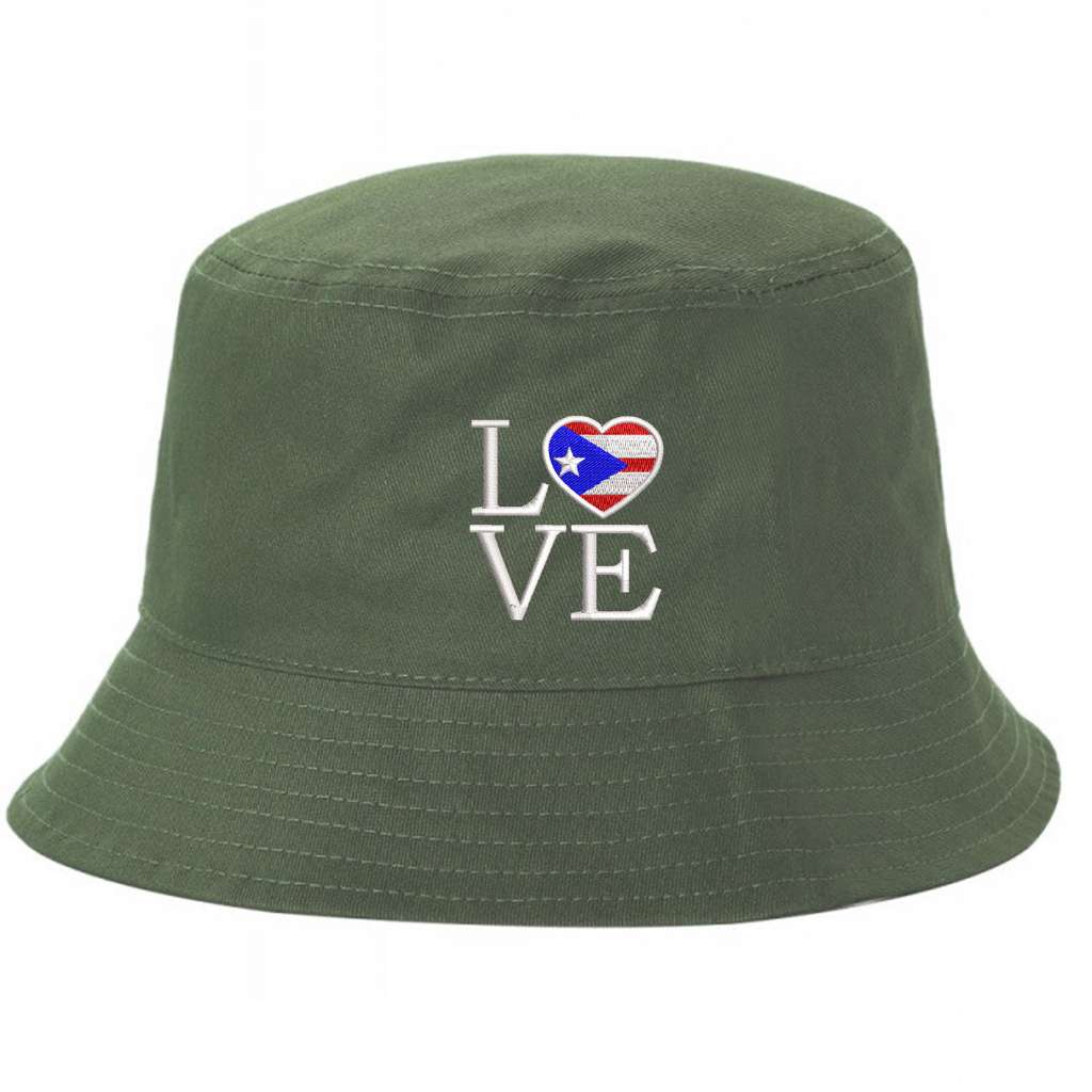 Olive bucket hat embroidered with the word love with the o in love in the shape of a heart with the puerto rican flag in it-DSY Lifestyle