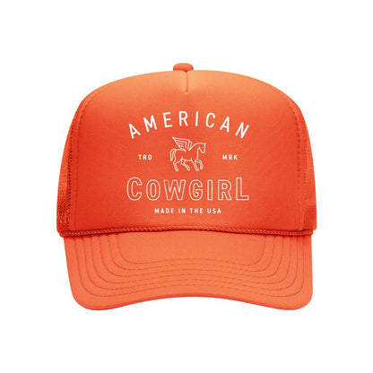 Orange foam trucker hat embroidered with the phrase american cowgirl on it- DSY Lifestyle