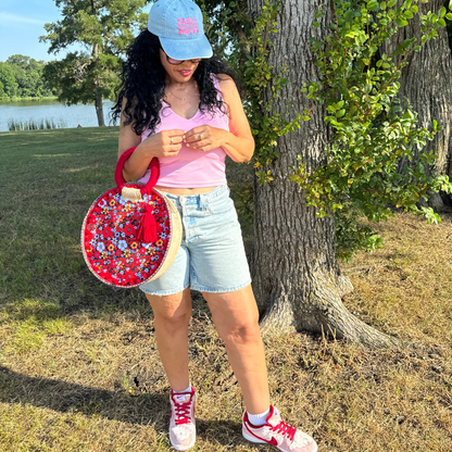 Red Poms Straw Round Bag with circular Handle