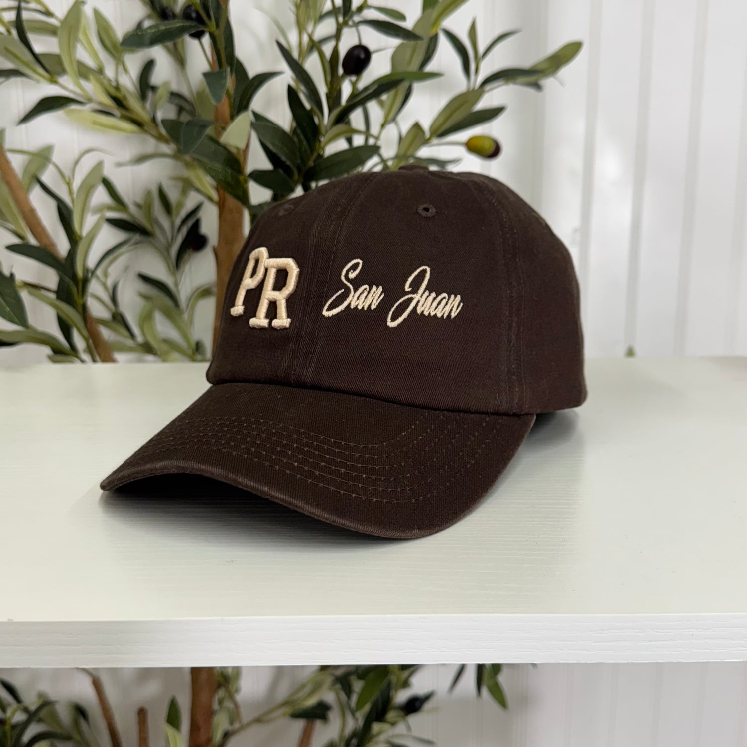 Brown PR 3D San Juan Embroidered Baseball Cap with raised embroidery, a curved brim, and an adjustable strap, celebrating Puerto Rican heritage in style - DSY Lifestyle