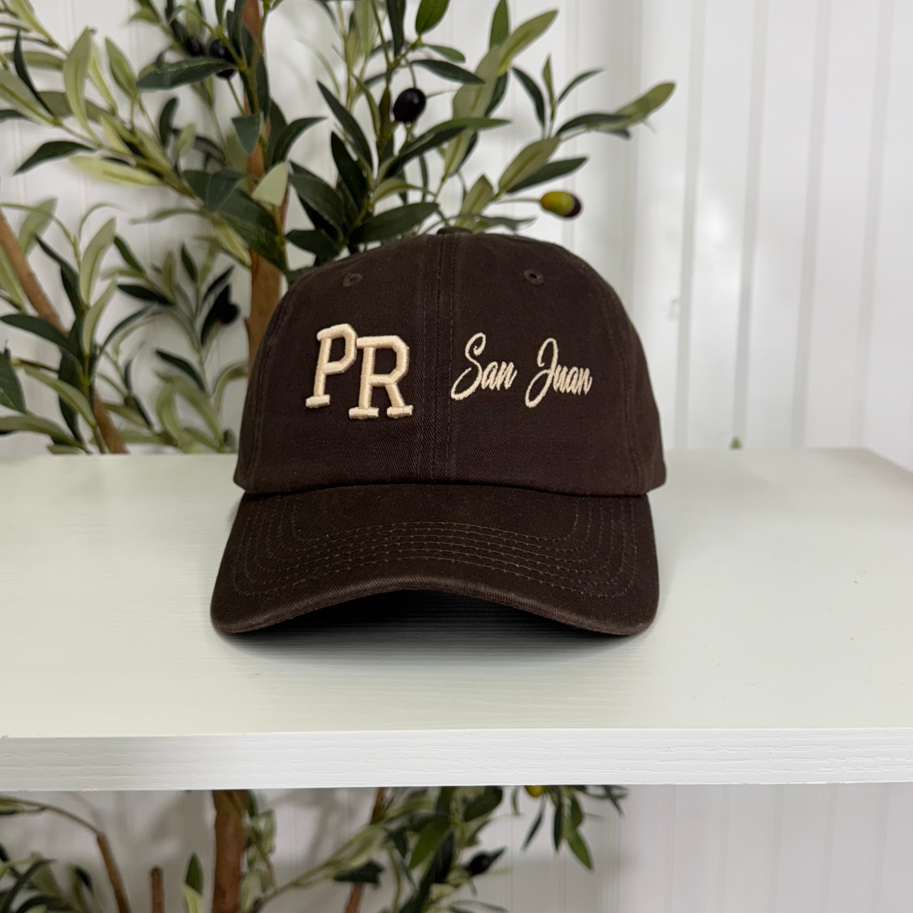 Brown PR 3D San Juan Embroidered Baseball Cap with raised embroidery, a curved brim, and an adjustable strap, celebrating Puerto Rican heritage in style - DSY Lifestyle