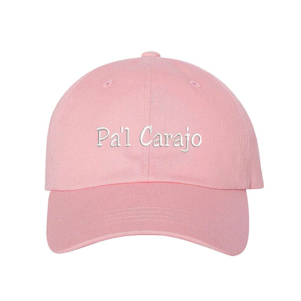Light pink baseball hat embroidered with the phrase pa&
