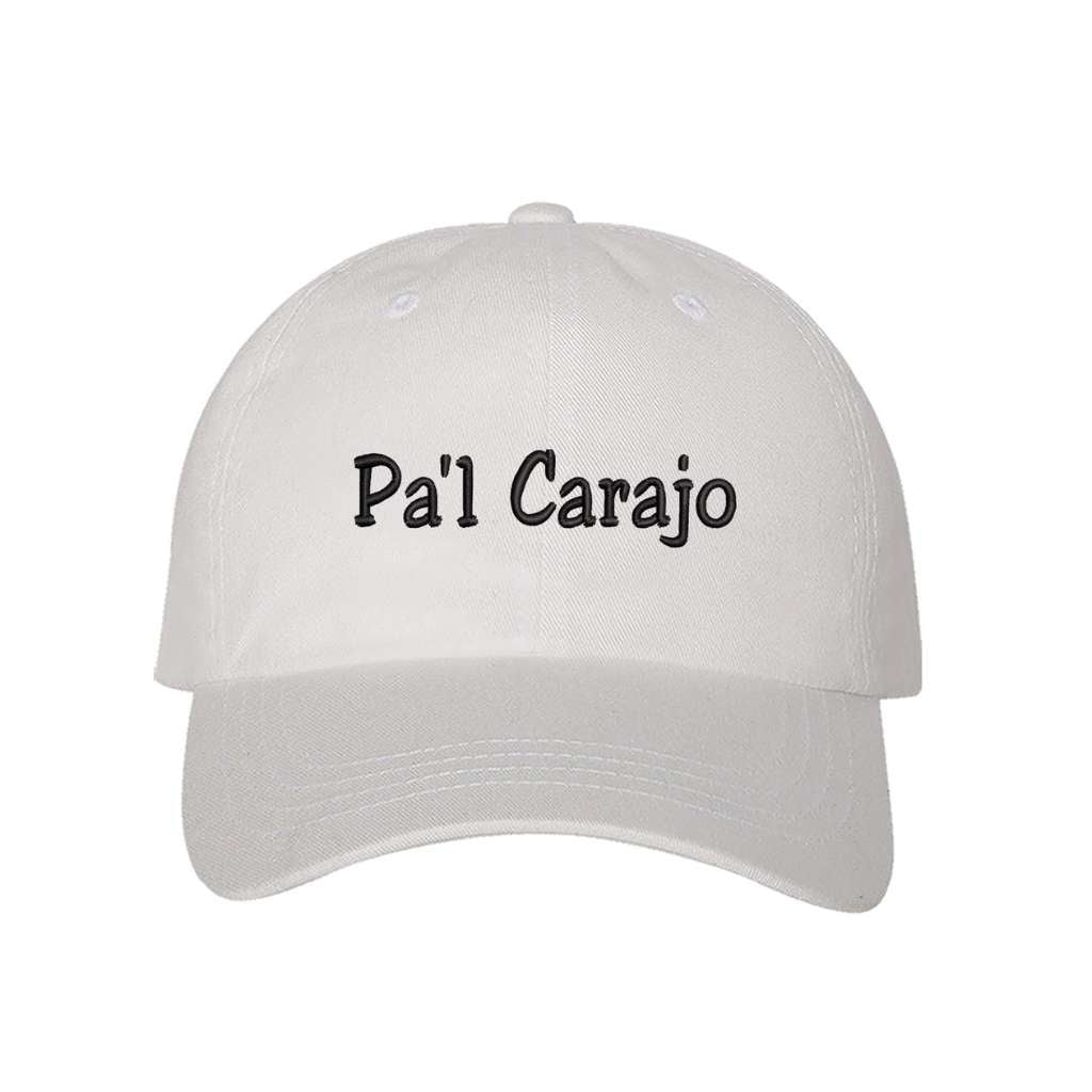 White baseball hat embroidered with the phrase pa&
