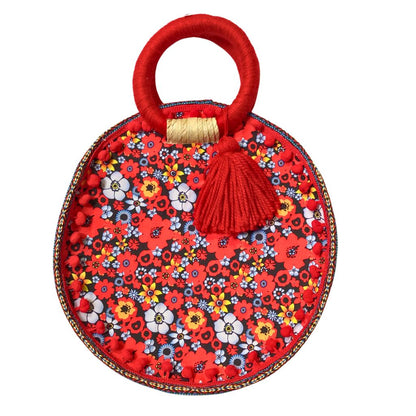 Red Poms Straw Round Bag with circular Handle