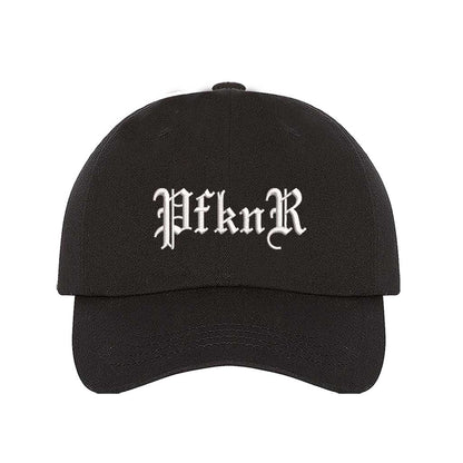 Black embroidered baseball hat featuring &quot;PFKNR&quot; in bold lettering, designed for a confident and stylish streetwear look - DSY Lifestyle