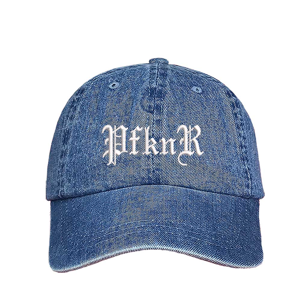 Light Denim embroidered baseball hat featuring &quot;PFKNR&quot; in bold lettering, designed for a confident and stylish streetwear look - DSY Lifestyle