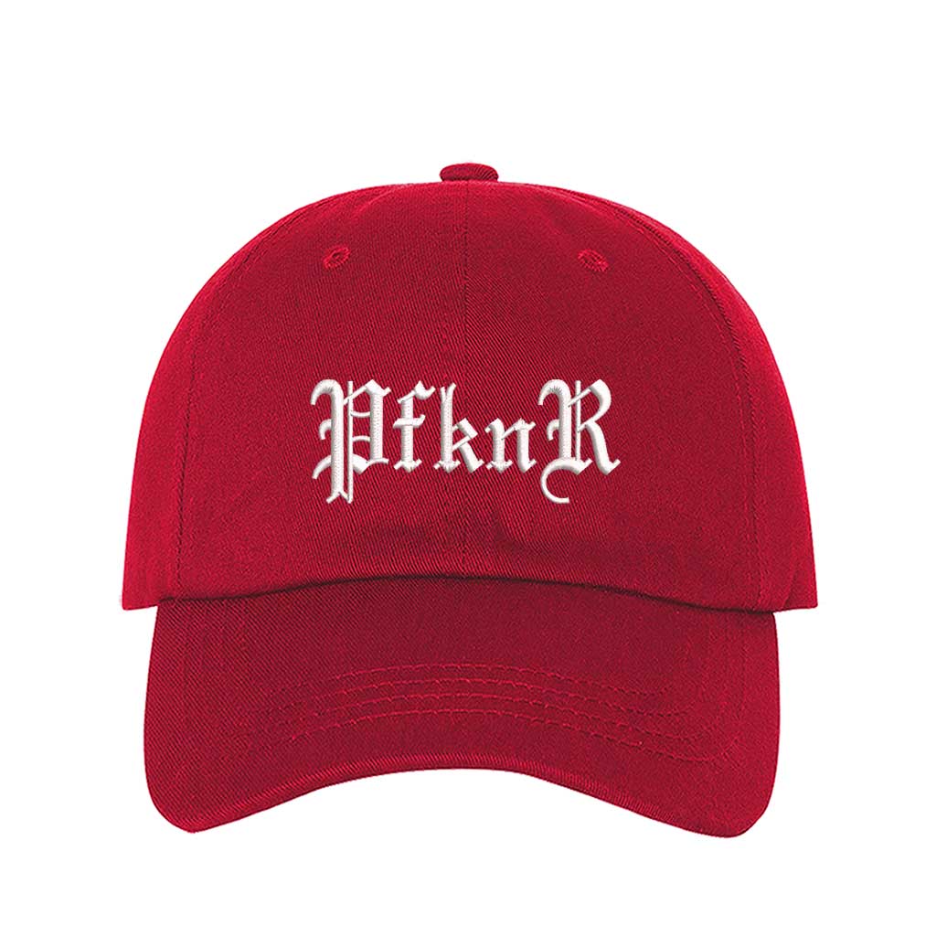 Red embroidered baseball hat featuring &quot;PFKNR&quot; in bold lettering, designed for a confident and stylish streetwear look - DSY Lifestyle