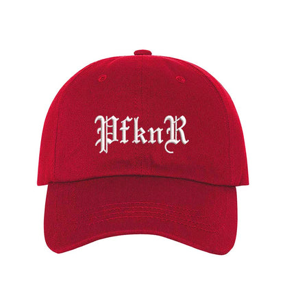 Red embroidered baseball hat featuring &quot;PFKNR&quot; in bold lettering, designed for a confident and stylish streetwear look - DSY Lifestyle