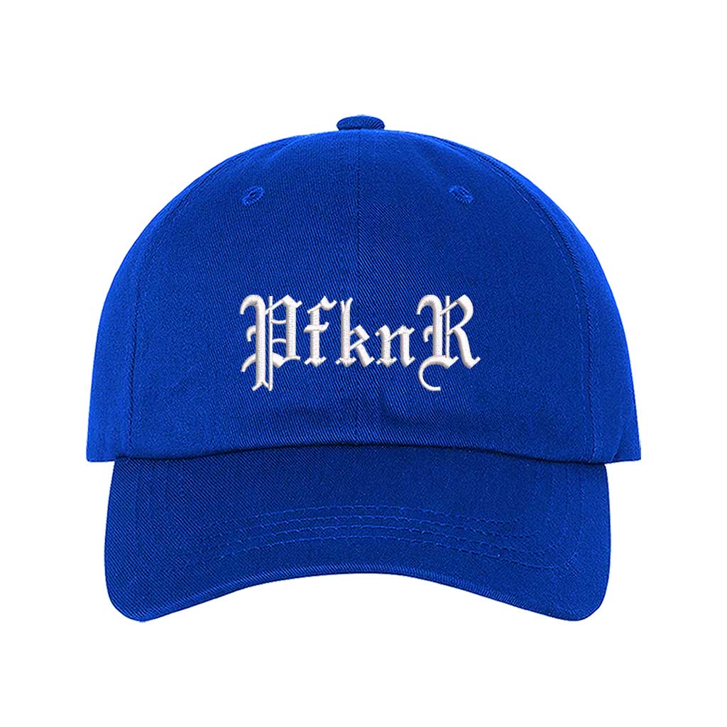 Royal Blue  embroidered baseball hat featuring &quot;PFKNR&quot; in bold lettering, designed for a confident and stylish streetwear look - DSY Lifestyle