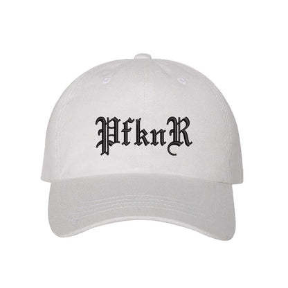 White embroidered baseball hat featuring &quot;PFKNR&quot; in bold lettering, designed for a confident and stylish streetwear look - DSY Lifestyle