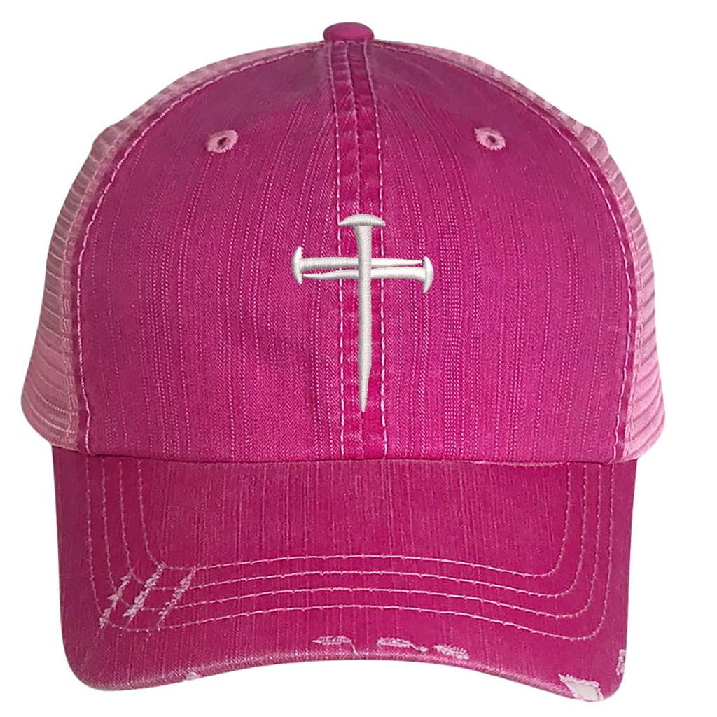 Pink distressed trucker hat embroidered with a cross of nails on it-DSY Lifestyle