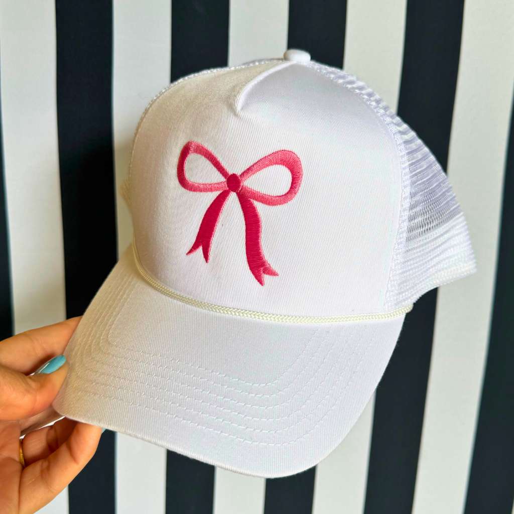 White foam trucker hat with an embroidered Pink Coquette Bow - DSY Lifestyle