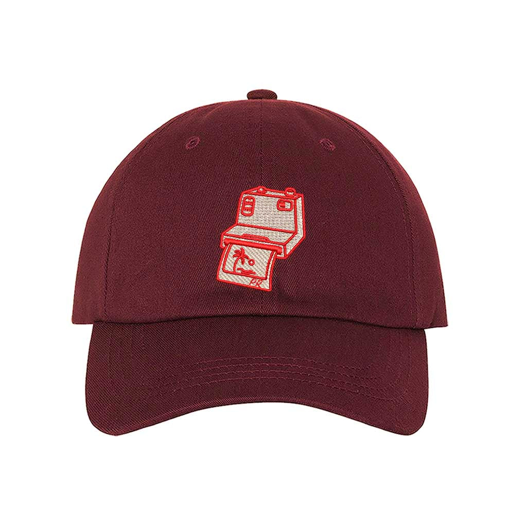 Burgundy Puerto Rico Camera Embroidered Baseball Hat with a sleek stitched design for photography lovers - DSY Lifestyle