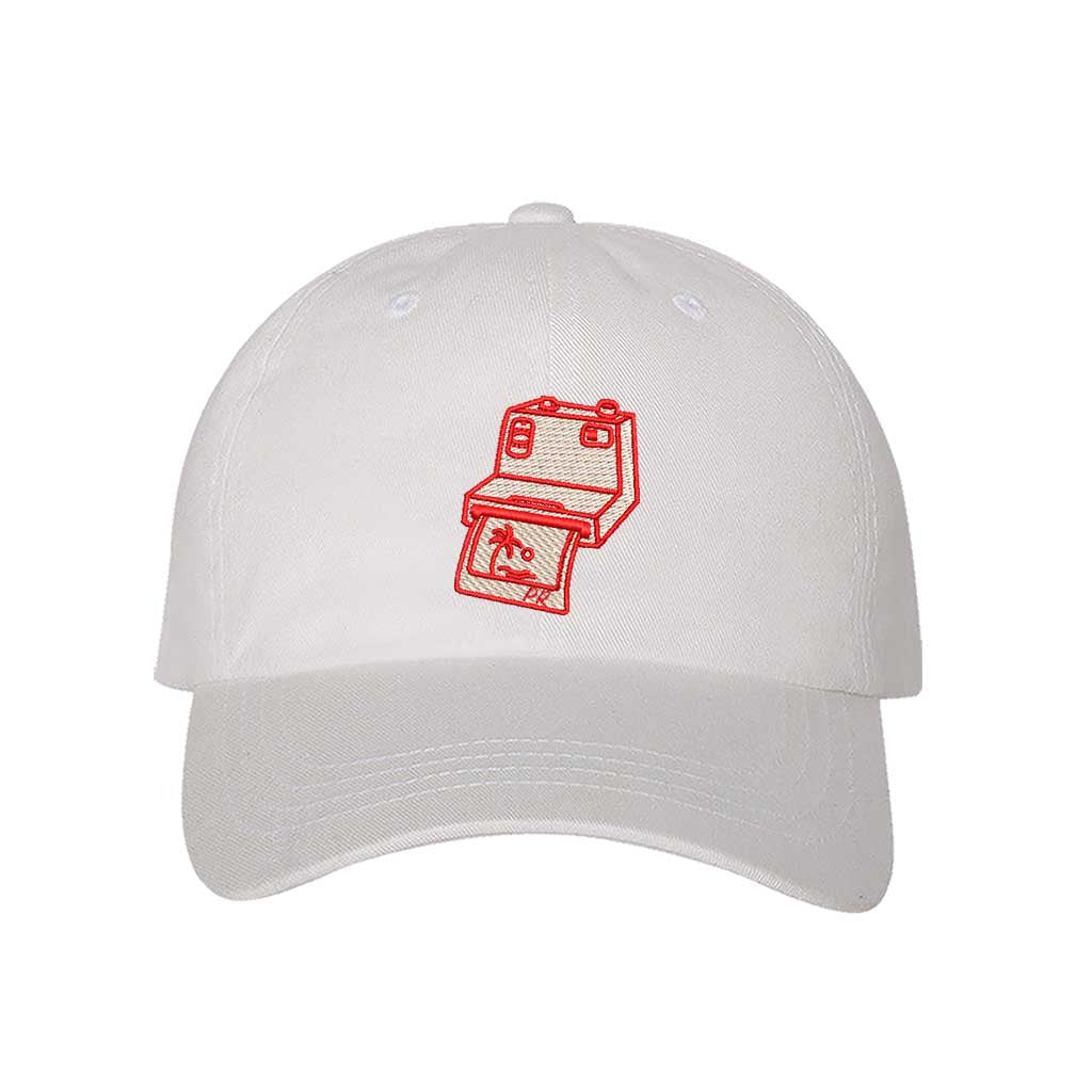 White Puerto Rico Camera Embroidered Baseball Hat with a sleek stitched design for photography lovers - DSY Lifestyle