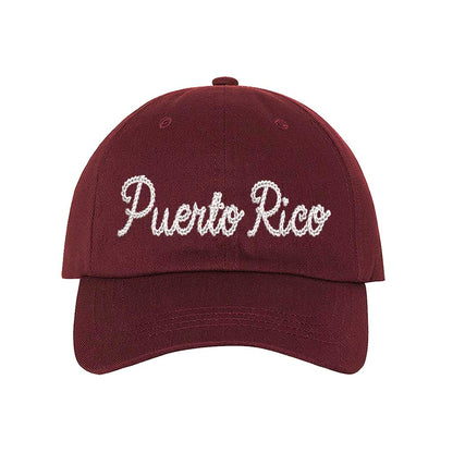 Burgundy Puerto Rico Chain Stitch Embroidered Baseball Hat with textured chain stitch embroidery, a curved brim, and an adjustable strap, designed for Puerto Rican pride and heritage - DSY Lifestyle