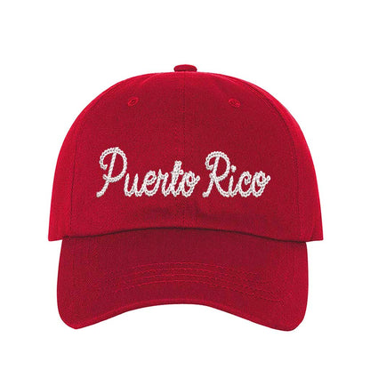 Red Puerto Rico Chain Stitch Embroidered Baseball Hat with textured chain stitch embroidery, a curved brim, and an adjustable strap, designed for Puerto Rican pride and heritage - DSY Lifestyle