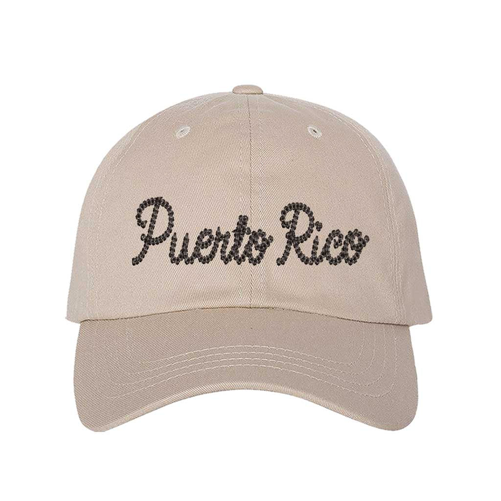 Stone Puerto Rico Chain Stitch Embroidered Baseball Hat with textured chain stitch embroidery, a curved brim, and an adjustable strap, designed for Puerto Rican pride and heritage - DSY Lifestyle