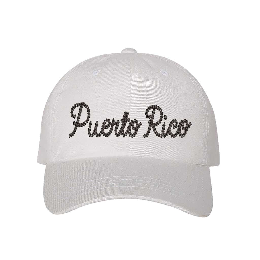 White Puerto Rico Chain Stitch Embroidered Baseball Hat with textured chain stitch embroidery, a curved brim, and an adjustable strap, designed for Puerto Rican pride and heritage - DSY Lifestyle