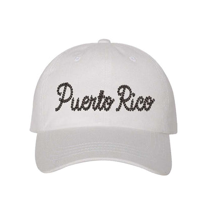 White Puerto Rico Chain Stitch Embroidered Baseball Hat with textured chain stitch embroidery, a curved brim, and an adjustable strap, designed for Puerto Rican pride and heritage - DSY Lifestyle