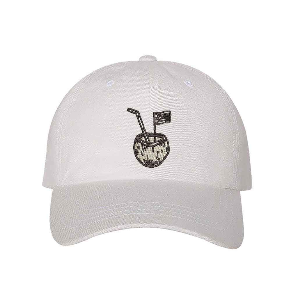 White Puerto Rico Coco Embroidered Baseball Hat featuring island-inspired lettering and premium stitching - DSY Lifestyle