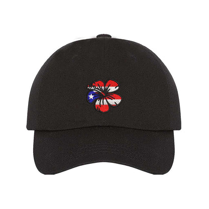 Black baseball hat embroidered with a Puerto Rican Amapola shaped flag, representing Puerto Rican culture and beauty - DSY Lifestyle