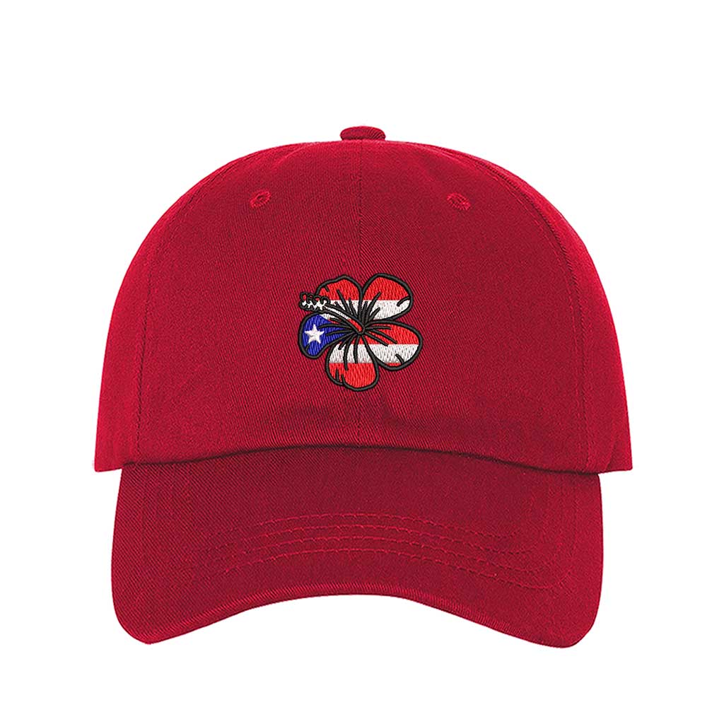 Red baseball hat embroidered with a Puerto Rican Amapola shaped flag, representing Puerto Rican culture and beauty - DSY Lifestyle