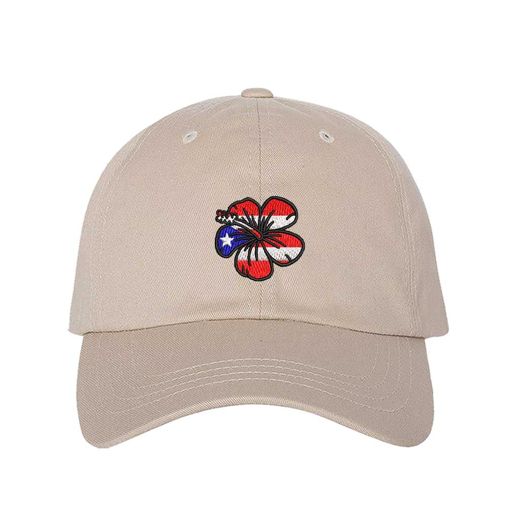 Stone baseball hat embroidered with a Puerto Rican Amapola shaped flag, representing Puerto Rican culture and beauty - DSY Lifestyle