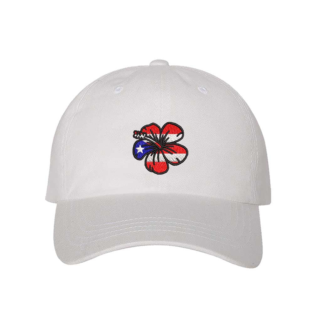 White baseball hat embroidered with a Puerto Rican Amapola shaped flag, representing Puerto Rican culture and beauty - DSY Lifestyle