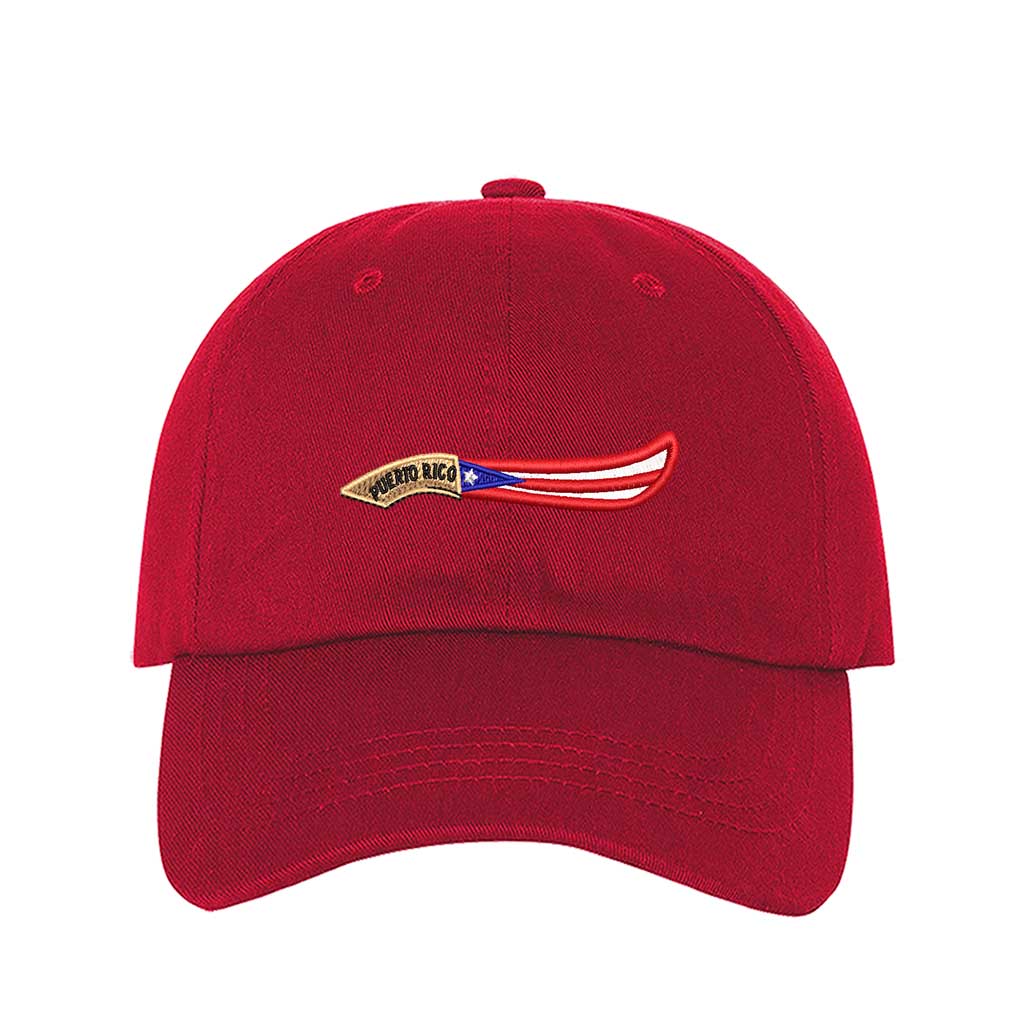 Red baseball hat embroidered with  a Puerto Rico Machete flag, representing Puerto Rican strength and culture - DSY Lifestyle