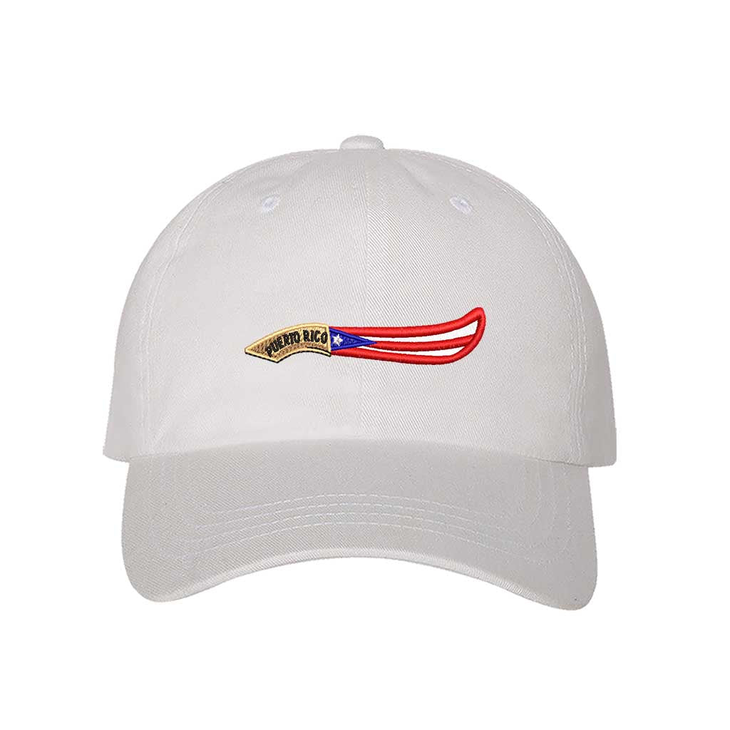 White baseball hat embroidered with  a Puerto Rico Machete flag, representing Puerto Rican strength and culture - DSY Lifestyle