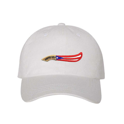 White baseball hat embroidered with  a Puerto Rico Machete flag, representing Puerto Rican strength and culture - DSY Lifestyle