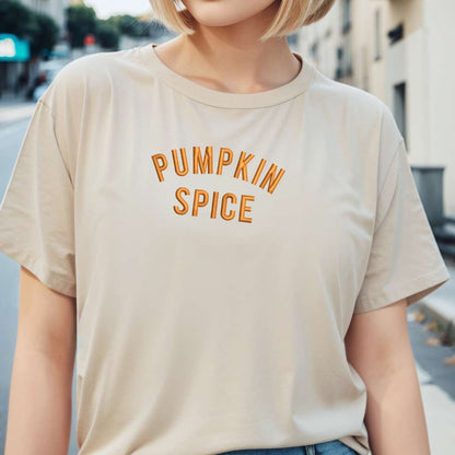 Female wearing a Khaki T-shirt embroidered with Pumpkin Spice - DSY Lifestyle 