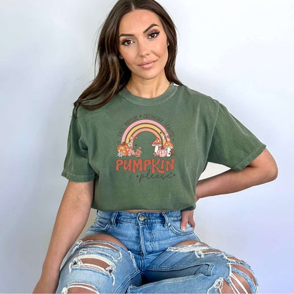 Green Fall Breeze Crunchy Leaves Pumpkin Please Unisex Washed Tshirt- DSY Lifestyle